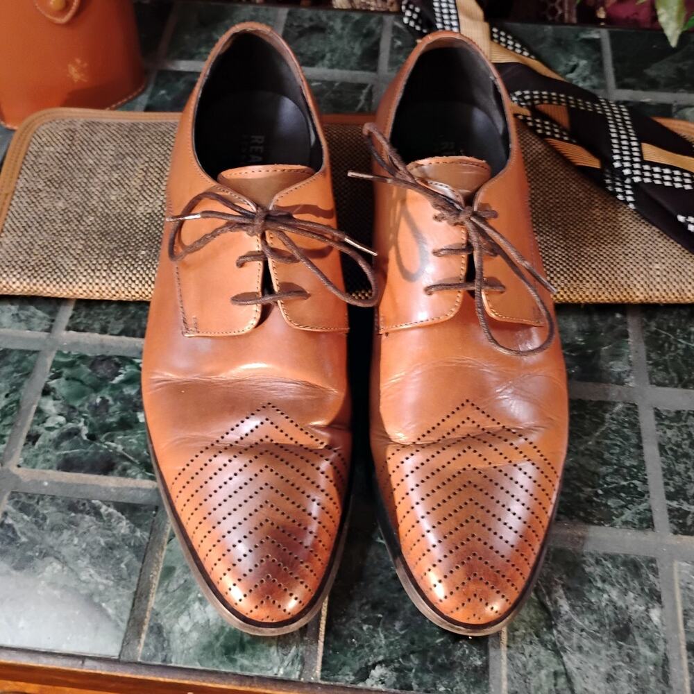 Kenneth Cole Reaction Last Laugh Cognac Oxford Shoes Mens 10.5M Leather Chevron